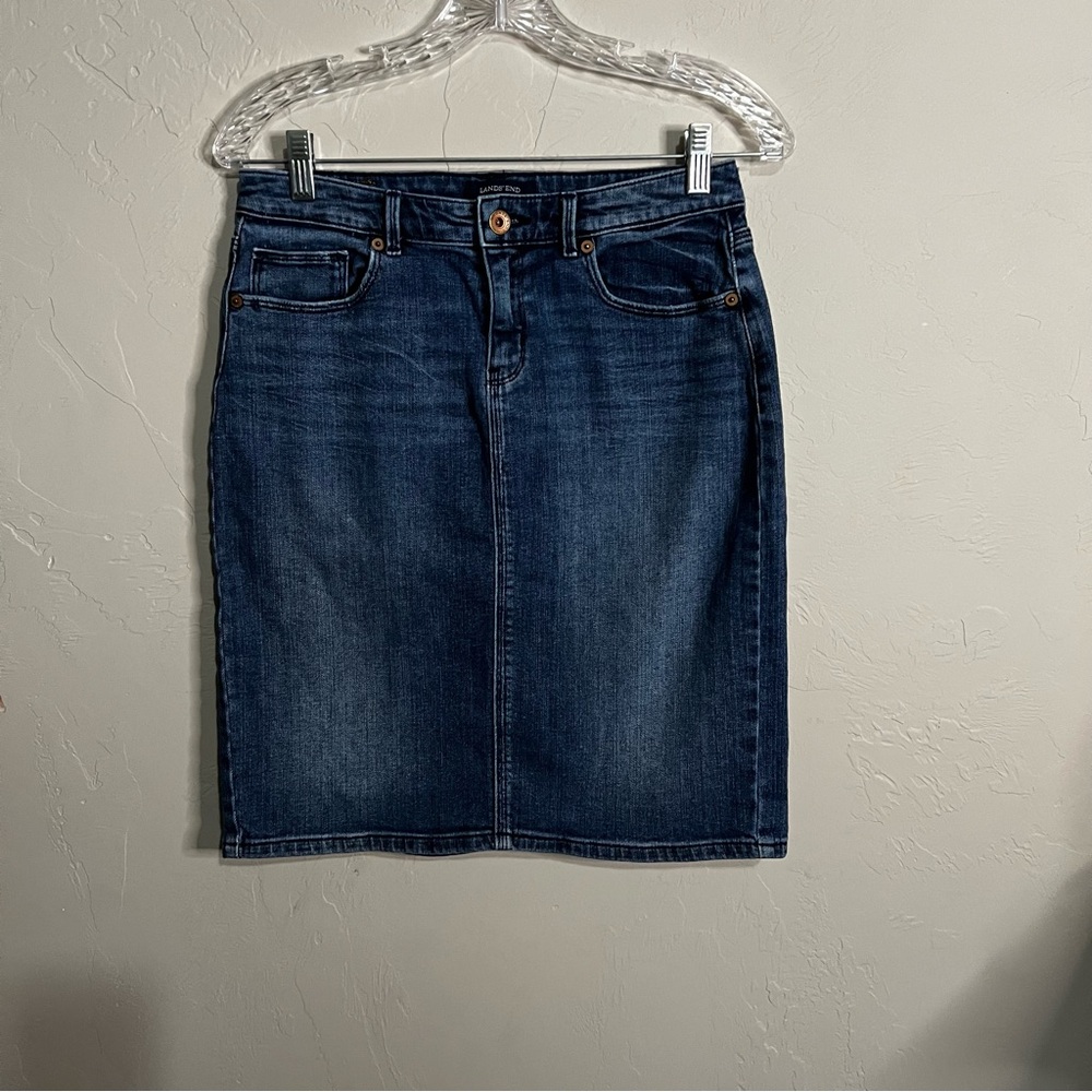 Lands'‎ End Denim Blue Pencil Skirt Classic Stretch Knee Length Casual Preppy - Picture 2 of 11